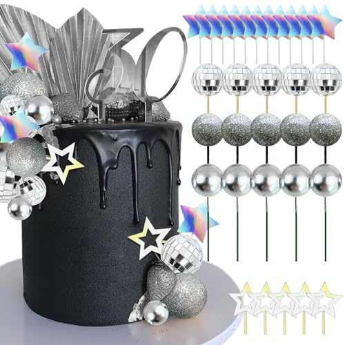 JeVenis Disco Ball Tortenaufleger 80er Jahre Dancing Queen Kuchen Dekoration | Topper Disco Ball für Torte Tanzende Königin Kuchendekoration für 80er Jahre mit Kugeln aus Silber