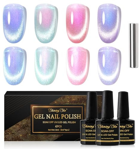Shining She UV Nagellack Set Cat Eye, 4 Farben Holografisch Reflektierend Magnet Cat Eye Rosa Grün Blau Lila UV Gel Nagellack Soak-Off UV nagellack Set für Anfänger Maniküre Salon, 8ML