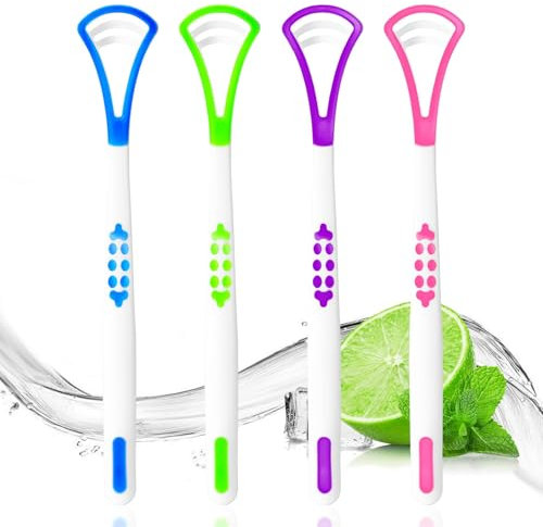 Tongue Cleaner 4 Pack Reusable Tongue Scrapers for Adults, Tongue Brush with Flexible Design Silicone Tongue Coating Brush for Mouth Cleaning