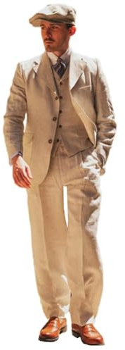 Lacoac Hommes Costume Trois pièces en Lin boutonné Promesse de Mariage Veste Gilet Pantalon