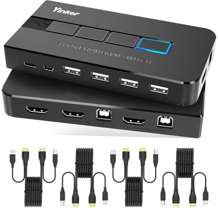 Yinker 4 Port HDMI KVM Switch, 4 Computers 1 Monitor, Plug & Play, 4K@60Hz YUV 4:4:4, with 4 USB Ports to Share Keyboard Mouse Printer, Panel Button & Wired Remote Switching, 4 KVM Cables Included