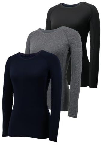 YUSHOW Kompressionsshirt Damen Langarm Atmungsaktiv Sportoberteil für Laufen & Gym Schnelltrocknend Funktionsshirt Frauen 3er Pack-Enganliegend & Bequem Hautfreundliches Baselayer für Sport & Alltag