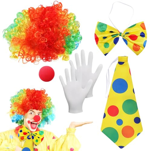 SIWOKJJO 5 Stück Clown Kostüm Accessoire, Regenbogen Perücke, Lockenperücke, Nase, Fliege, Krawatte, Handschuhe, Kostümzubehör für Damen und Herren Karnevalisten