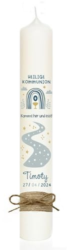 MilaBoo® personalisierte Kommunionkerze I 40 x 4 cm premium Kerze mit RAL - Zertifizierung I beidseitig bedruckt in Farbe I Made In Germany (blau 3)