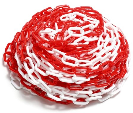 Hebitod Absperrkette Warnkette 25m x 6mm Rot Weiß Zweifarbig Kunststoffkette Plastikkette Leicht & Wetterfest für Parkplatz, Hotels, Sportstadien, Einkaufszentren