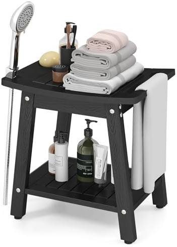 HOMFME HIPS Shower Bench, 2-Tier Spa Curved Shower Seat with Storage Shelf, Shower Head and Soap Holder, Bathtub Chair Bathroom Stool for Elderly Disabled Adults (Black, 41x32x 44cm)