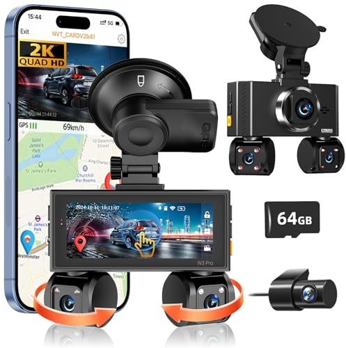 360° View 4 Channel Dash Cam Front and Rear, Dash Camera for Car with 3.16 IPS Touch Screen, 8 IR Night Vision, 5G WiFi&GPS,APP Control, G-Sensor, Loop Recording, Parking Mode, 64GB Card