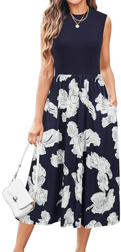 Newshows Women's Summer Dresses Sleeveless Crewneck Midi Elegant Casual Formal Work Office Sundress with Pockets