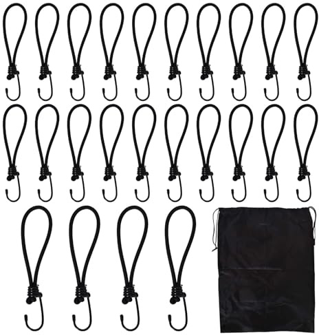 Luxvara 24 Pezzi Corde Elastiche con Gancio, Elastici con Ganci e Pratica Borsa, Ganci Elastici Tenditori per Teloni Occhiellati e Striscioni, Corda Elastica con Ganci per Teloni e Reti, 19.5cm