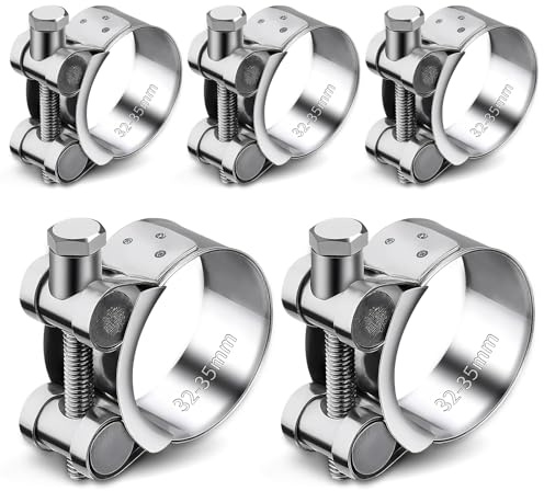 Collier de Serrage Inox,Forreen 5 Pièces Collier Echappement,Collier de Tuyau D'échappement,32-35mm Colliers Durite,Colliers de Serrage à Boulon en T,pour Conduite de Gaz,Tube d'automobiles