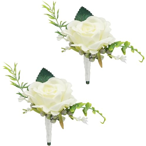 White Rose Artificial Wedding Flower Decoration, Boutonniere Decoration for Men, Suitable for Birthday Parties Weddings Best Men Anniversaries Prom Homecoming (2)