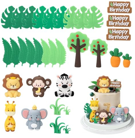 34PCS Soft Rubber Safari Animal Cake Toppers, Cartoon Jungle Cake Decorations with Leaves, Grasses, Carrots, Fruit Trees & Signposts, Versatile Party Supplies，Jungle Cake Decorations