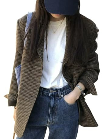 Vagbalena Blazer corto casual monopetto a quadri alla moda da lavoro da lavoro da Donna in tweed autunnale a maniche lunghe con bottoni stile business (Marrone,S)