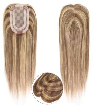 JIANBOHAIRS 14 Zoll Braun/Blond Highlight/Grau/613 Echthaar-Topper Haarteile for Frauen Haarclips in Topper-Verlängerung for Frauen-Toupet for Thinning Hair(Brown mix blonde highlight)