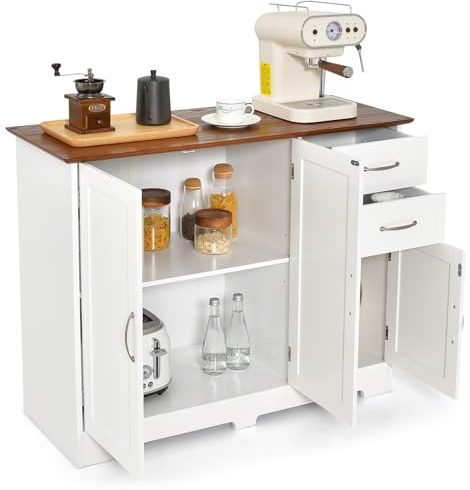 FANTASK Küchenkommode mit Arbeitsplatte, Sideboard mit Türen Schubladen & höhenverstellbaren Ablagen, Anrichte für Küche Esszimmer Aufbewahrung, 100 x 40 cm, Weiß