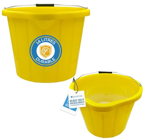 Heavy Duty Yellow Builders Bucket 14 Litre - 3 Gallon Capacity Plastic Buckets with Built-In Spout, Durable Car Wash Bucket, Multifunctional with Metal Handle, Perfect for Commercial Use (PACK OF 1)