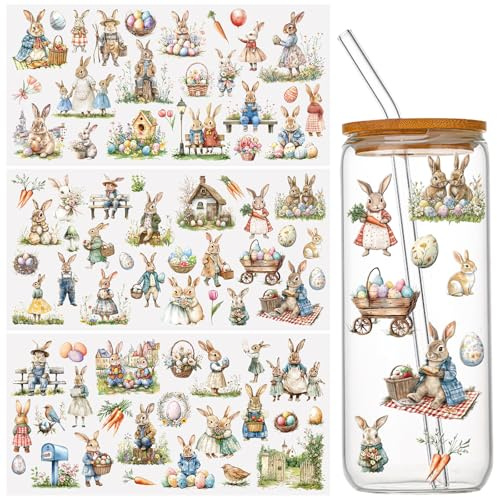 WANDIC 3Sheets Easter Rub On Transfer Stickers, 15 * 30cm Easter Eggs Watercolor Oil Painting Style Waterproof Decals Furniture Craft Journals for DIY Scrapbook