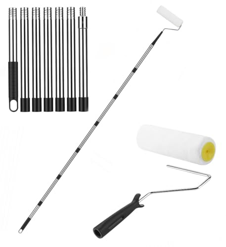 Paint Roller Extension Pole, 83 Inch Stainless Steel Telescopic Pole with Paint Roller Brush, Extendable Roller Pole for Wall Ceiling Painting and Household Cleaning Tools