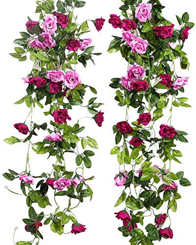 JUSTOYOU 2pcs 7.8FT Double Color Artificial Fake Rose Garland Vines Hanging Silk Flowers Artificial Flower for Outdoor Indoor Wedding Wall Badroom Decoration（Magenta）