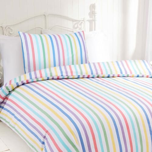 Rapport home Candy Stripe Single Duvet Cover Set - 100% Cotton, Multicolour Striped Pattern, Easy Care Bedding for Kids & Adults