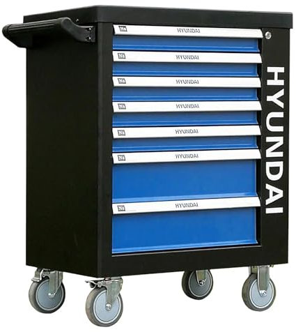 Hyundai Werkstattwagen Set 59005 | Werkzeugwagen gefüllt mit Werkzeug, 298-teilig | 7 kugelgelagerte Schubladen, Davon 5 bestückt | hochwertig, abschließbar, mobil
