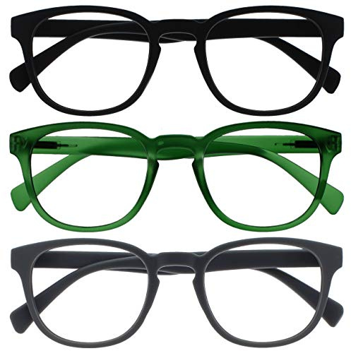OPULIZE Pop Gafas de Lectura Pack de 3 Redondas Negro, Verde Musgo y Gris Mate Satinado Bisagras con Muelle Resistentes a los Arañazos Hombre Mujer RRR2-167 +3.50