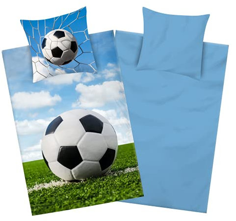 Aminata kids - Biber Bettwäsche 135x200 Jungen Fussball-Motiv Junge, Jungen, Jungs, Teenies & Jugendliche - Baumwolle, Biber-Kinder-Bettwäsche-Set Flanell grün blau - warm, weich & kuschelig