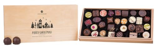 CHOCOLISSIMO Schokolade Geschenk - Pralinen Geschenk zu Nikolaus, Weihnachten - 30 handgefertigte Pralinen im Holzkästchen - Geschenkidee Frauen, Mann, Frau, Männer - Xmas Premiere Maxi