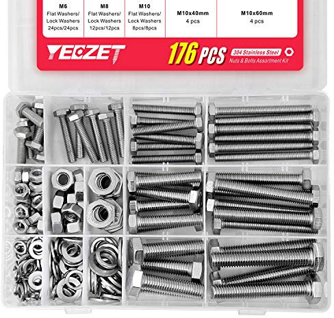 YEEZET 176 pcs M6 M8 M10 Schrauben und Muttern Sortiment aus 304 Edelstahl Sechskantschrauben Unterlegscheiben Federringe & Muttern Sortiment Kit