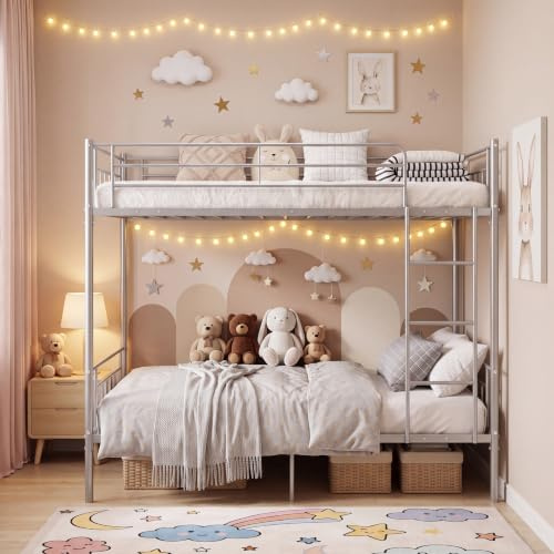 Panana Metal Single Bunk Beds Siblings Twins Bedroom Furniture with Mattress Option (Silver Bed Only)