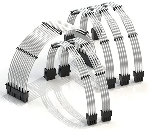 LINKUP - 30cm Netzteilkabelverlängerung 18AWG Sauerstofffreies Kupfer Teflonmantel Custom Mod GPU PC mit Kamm-Kit | 1x 24 P (20+4) | 2X 8 P (4+4) CPU | 3X 8 P (6+2) GPU Set | 300mm - Silber