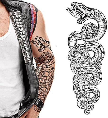 Snake python large temporary tattoo full arm roses stick on body art transfer for women and men cosplay halloween adult temp fake tattoo biker rocker fancy dress party cosplay