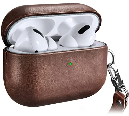 ICARERSPACE Premium Genuine Leather Shockproof Protective Case for Apple AirPods Pro (LED Visible) - Support Wireless Charger - Brown