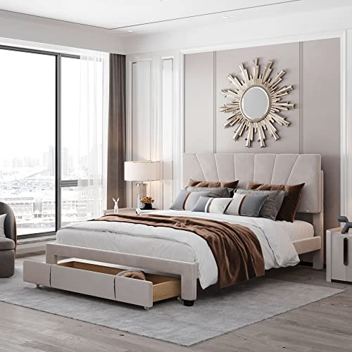 Merax Polsterbett 140 x 200 cm Bett mit Lattenrost, Rückenlehne und Großer Schublade, Hautfreundliche Flanellstoff, Doppelbett Einfaches Design, Erwachsenen, Jugendbett, Beige(Ohne Matratze)