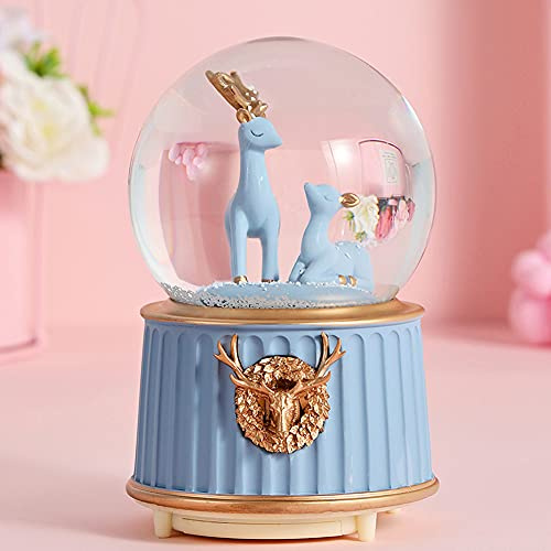 Schneekugel Elch Kristallkugel mit Musik Glaskugel Leuchtend Schüttelkugel mit Schneeflocken Traumkugel Musikbox Deko Glimmerkugel Schutzengel Glitzerkugel Geburtstag Weihnachten Geschenk (Blau)
