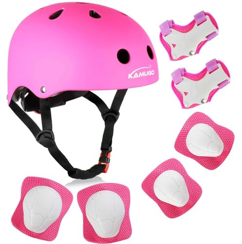 KAMUGO Enfants Casque de vélo pour Les âges 2-8 garçons avec Filles équipement de Protection de Sport Genou coude Poignets pour Skateboard vélo Scooter Patins Ligne (DarkPink)
