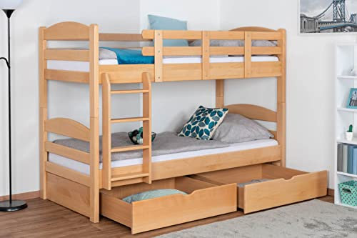Stockbett für Erwachsene Easy Premium Line K21 inkl. 2 Schubladen und 2 Abdeckblenden, Kopf- und Fußteil gerundet, Buche Vollholz massiv Natur - 90 x 200 cm (B x L), teilbar