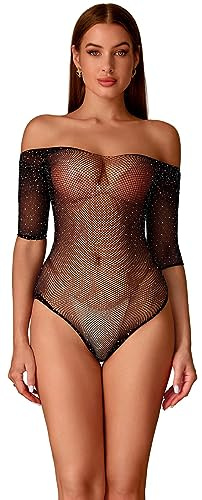 Bommi Fairy Body sexy pour femme - Avec strass - Manches longues - Résille - Lingerie sans bretelles - Tenue sexy, Noir , XS-XXL