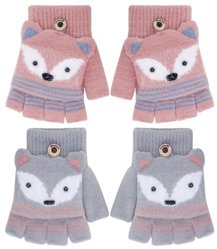 Firtink 2 Paar Kinder Halbfinger Handschuhe mit Flip Top,Fingerlose Handschuhe Fäustlinge Kinder Warm Winter Cartoon Strick Finger Handschuhe für Kinder Jungen Mädchen,7-10 Jahre(One Size Grau,Rosa)