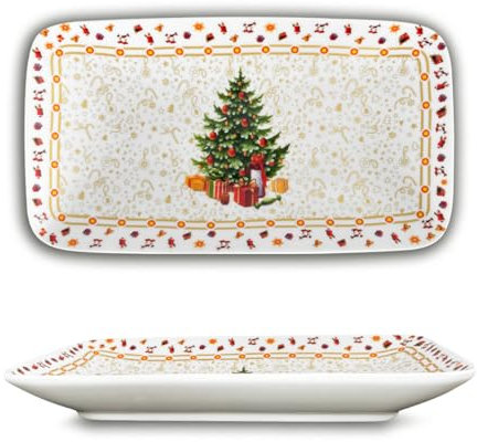 ARCA, Vassoio Albero in Porcellana Rettangolare, con Decorazione Natalizia Albero di Natale con Bordo Oro, Resistente e Duraturo, Ideale per la Tavola, Idea Regalo Natale, 22x12 cm