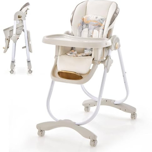 LIFEZEAL Klappbarer Babyhochstuhl, Kinderhochstuhl mit 6 Höhenstufen, 3 Tablettpositionen & Neigungspositionen, Verstellbarer Essstuhl Hochstuhl mit 4 Rädern, für 6-36 Monate, bis zu 20 kg (Grau)