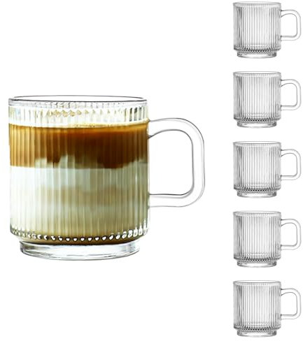 Glass Coffee Mugs 6 Pack - 340 ml Premium Coffee Cups with Handles - Classic Vertical Stripes Transparent Tea Cup Set for Hot Cold Beverages