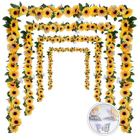 Künstliche Sonnenblumen-Girlande, Dekoration, Sonnenblumen, künstliche Blumen, Girlande, Reben mit grünen Blättern, Seiden-Sonnenblumen-Tafelaufsätze für Tische, Party, Geburtstag, Garten, Hochzeit,