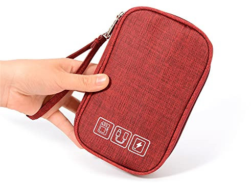 Kabeltasche,Kabel Organizer Tasche Tragbare Kabel-Orgainer-Tasche, externe Batterie tragen Beutel for Ladegerät, 20000mAh Power Bank, Handy, USB Kabel, Kopfhörer(Red)