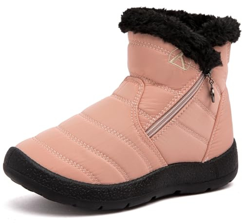 VTASQ Barn snöstövlar pojkar flickor pälsfodrade varma ankelstövlar utomhus vattentäta vinterstövlar halkfri bomullssko slip-on promenadstövlar (små barn/stora barn), Rosa, 36 EU