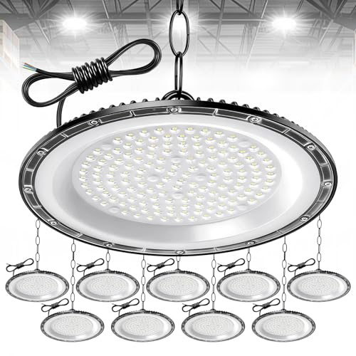 Hondony 10Pack 200W UFO LED Lámpara de Alta Bahía, 20000LM Focos Interior Techo,6500K Ultrafina Iluminación de Almacén,IP65 Impermeable Naves Industriales Para Patio,Garaje,Fábrica,Taller