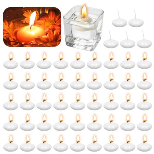 Lot de 50 bougies flottantes blanches de 38 mm - Non parfumées - Bougies flottantes décoratives - Bougies flottantes pour mariage, piscine, fête, spa, baignoire, Saint-Valentin, Noël