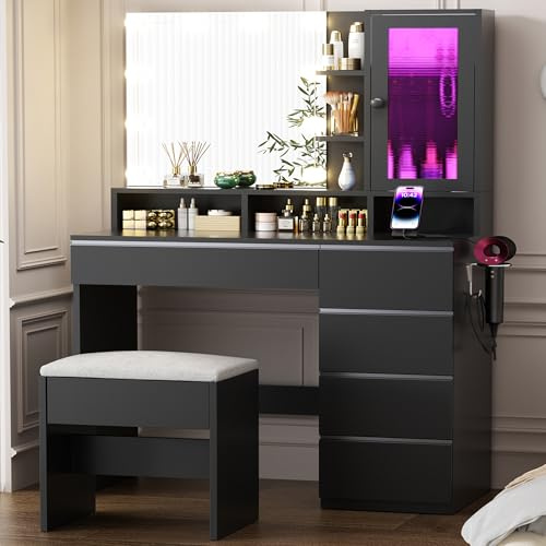 ERLEJIA Vanity Desk with LED Lights Mirror, 35.43 Modern Makeup Table with 6 Storage Drawers & Stool for Ladies and Girls, RGB Light Makeup Desk with Power Outlet for Bedroom Dressing Room, Black