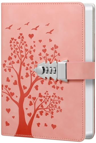 HwxBen Herzförmiger Baum Tagebuch mit Schloss – 244 Seiten, A5 (5.8“ x 8.4”), PU-Leder,Tagebuch mit Zahlenschloss Lesezeichen – Rosa – Ideal für Notizen, Planer und kreatives Schreiben