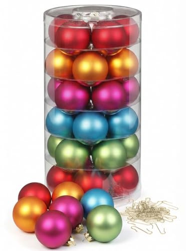 Inge Glas Weihnachtskugeln mit Haken | Schöne Christbaumkugeln aus Glas | Set 30 Kugeln und 40 Aufhänger | Christbaumschmuck Weihnachtsbaumkugeln (Mille Fiori | bunt)